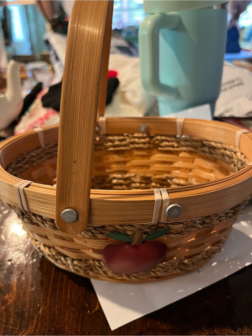 Handwoven Natural Bamboo Basket with Red Apple Accent